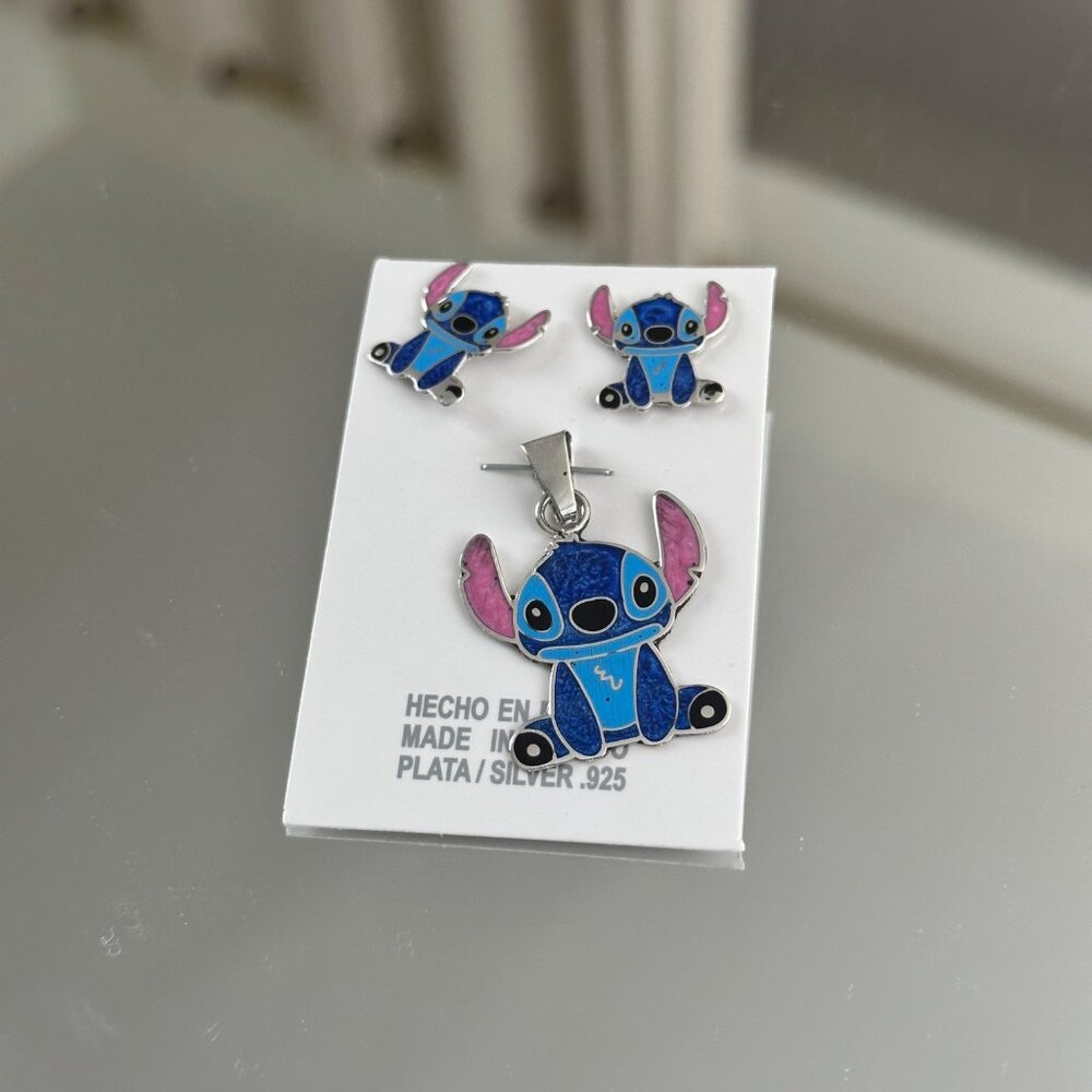 Stitch Cartoon Jewelry Set .925 Silver Pendant & Earrings Handmade In Mexico - Picture 6 of 8